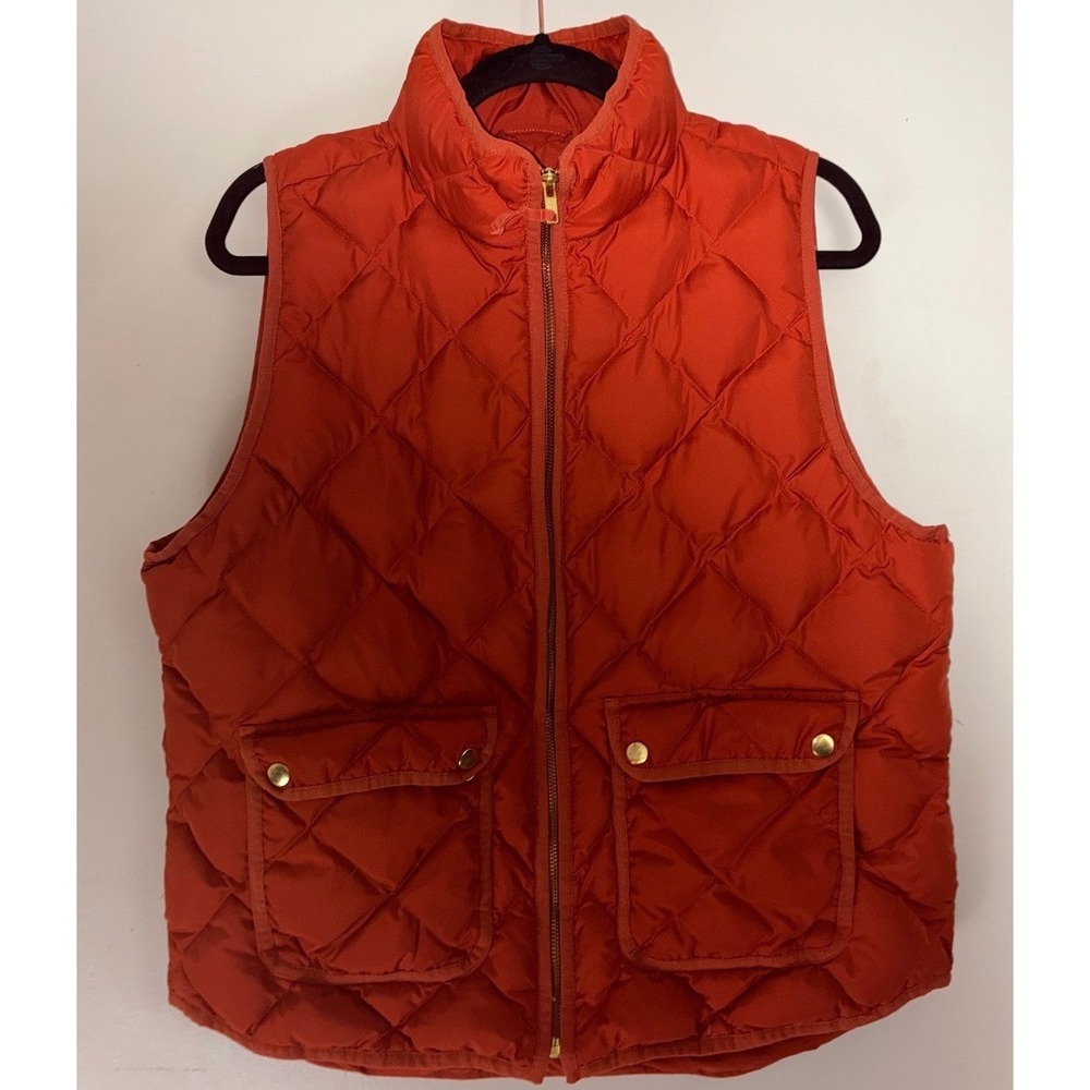 J.Crew Excursion Quilted Puffer Vest Women XL Orange Diamond Stitch Gold Zip